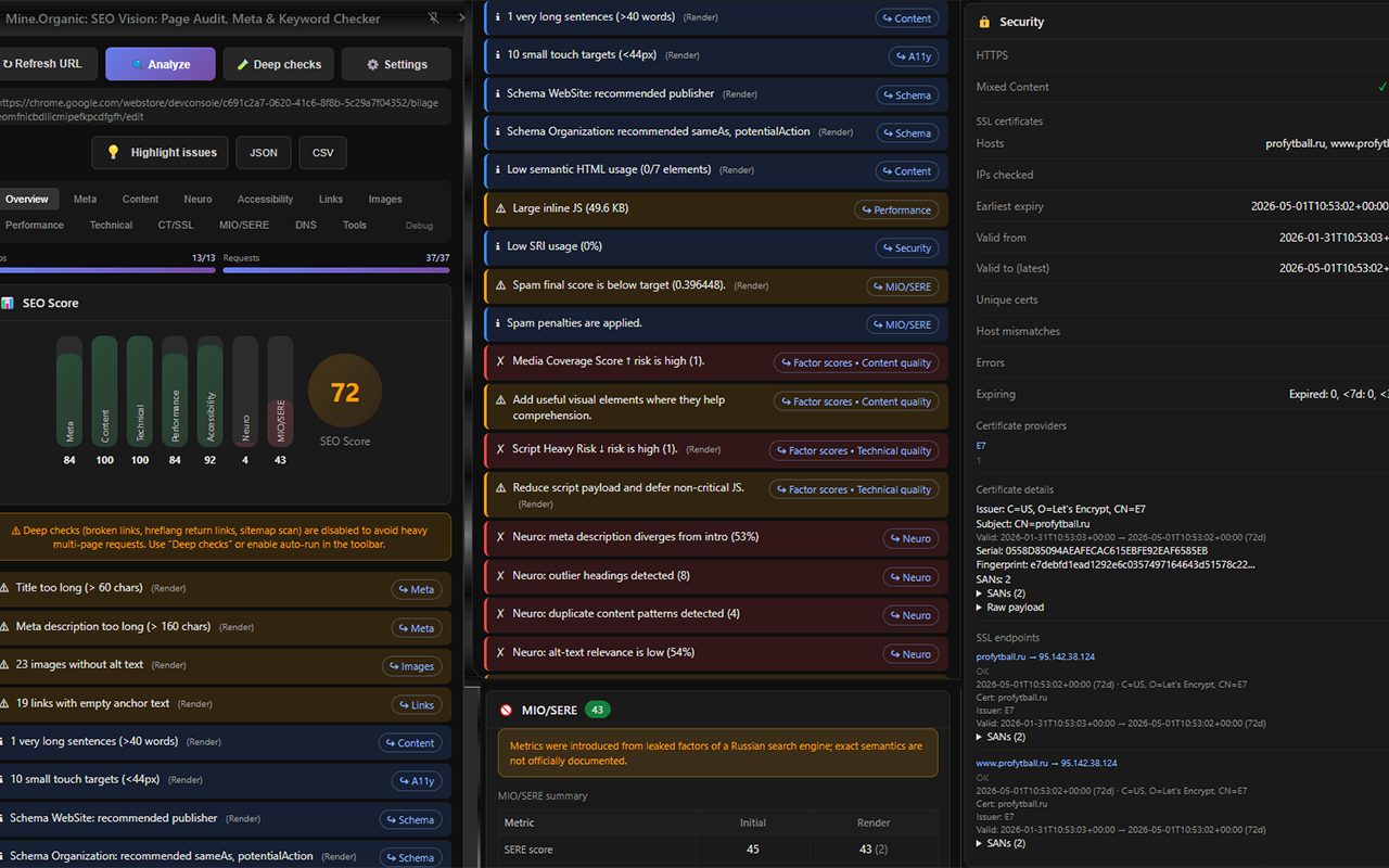 Mine.Organic: SEO Vision — full audit interface showing issues, scores, and SSL details